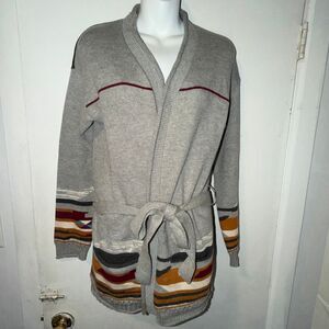 FOREVER 21 Cotton Wool Blend Aztec Pattern Belted Cardigan With Pockets-XS